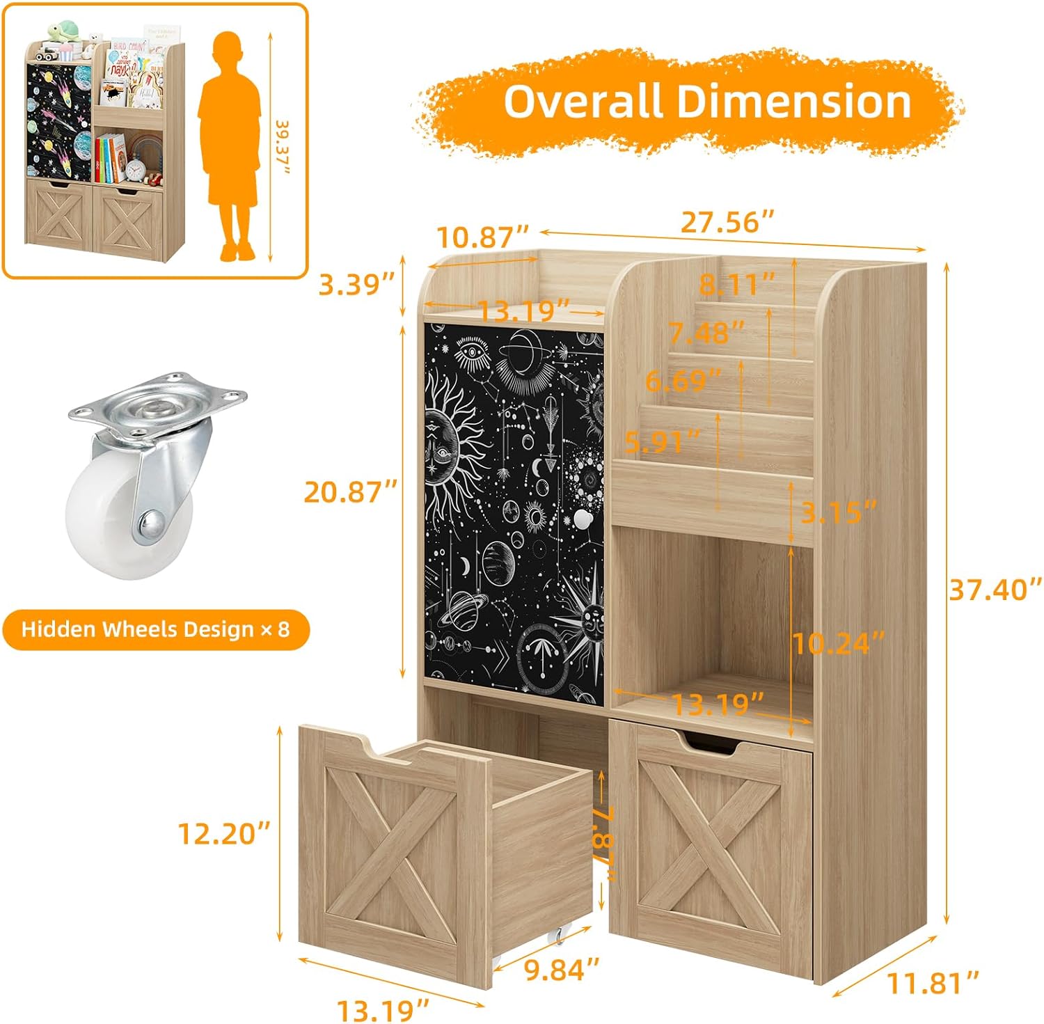Befrases Kids Toy Storage Organizer with Blackboard, 3-in-1 Toy Organizers and Storage with Reading Nook, Wooden Toy Chest Storage with 2 Drawers and Hidden Wheels for Playroom Storage, Oak