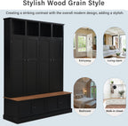 RuiSiSi 76.7" Hall Tree with Bench and Shoe Storage, Farmhouse 4-in-1 Entryway Bench Coat Rack with Doors, 4 Hooks and Top Shelves for Entrance, Hallway, Mudroom, Black