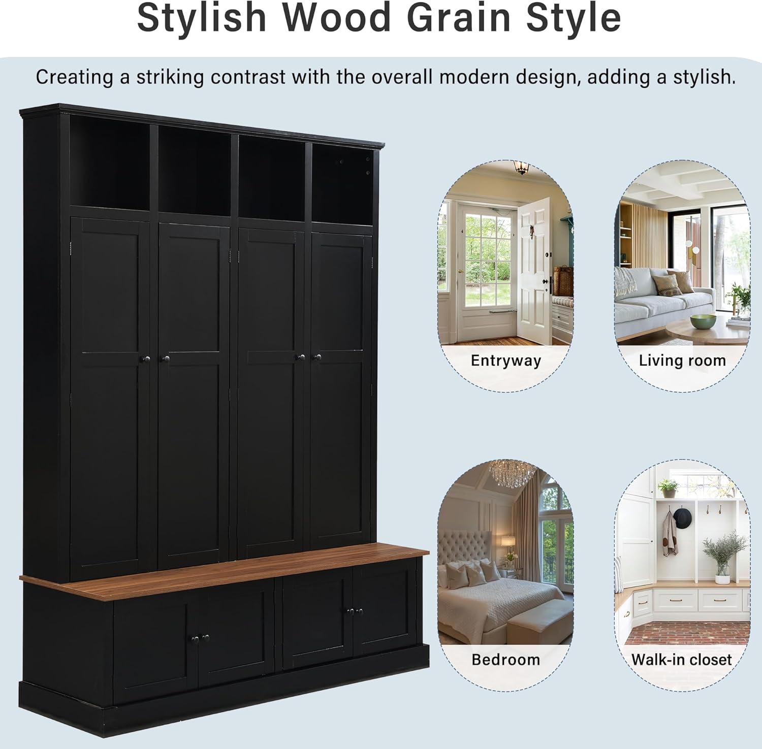 RuiSiSi 76.7" Hall Tree with Bench and Shoe Storage, Farmhouse 4-in-1 Entryway Bench Coat Rack with Doors, 4 Hooks and Top Shelves for Entrance, Hallway, Mudroom, Black