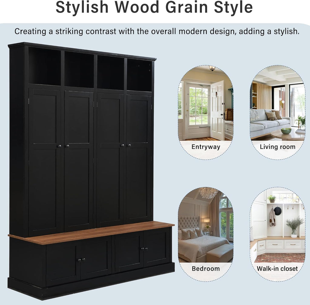 Merax Farmhouse Hall Tree with Bench and Cabinet, 4-in-1 Entryway Storage Organizer with Rack, Shoe Storage and Hooks for Mudroom, Living Room, Bedroom, Black