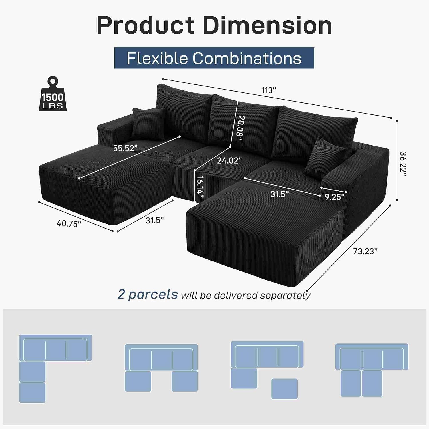 Living&Giving Boneless Couch Sectional Couch for Living Room, 113" Large Capacity Adjustable U-Shaped Modular Sofa, No Assembly Soft Corduroy Sofa Set for Bedroom, Playroom (Black)
