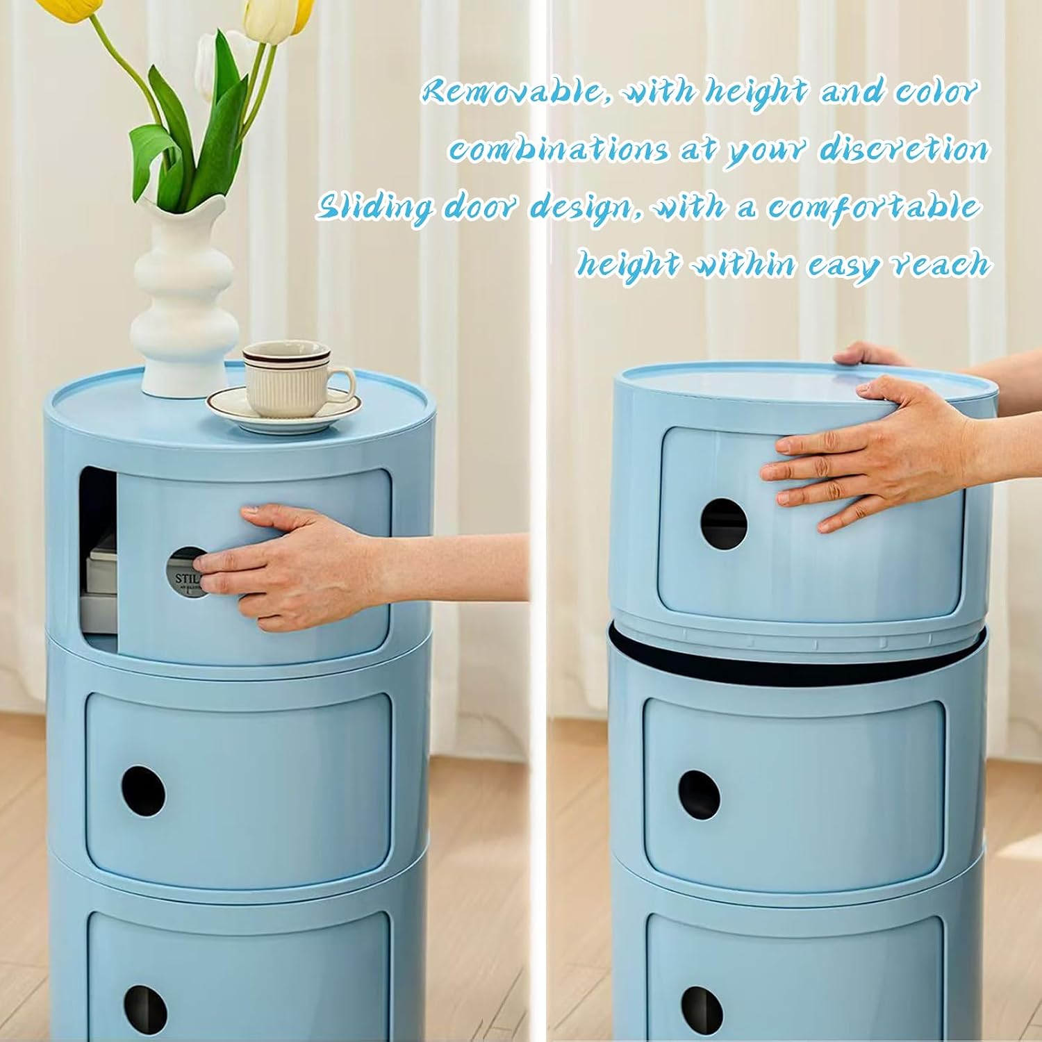 3 Tier Round Nightstand with Drawer, Royal Blue Round Side Table Small Plastic Storage End Table for Bedroom, Living Room, Bathroom