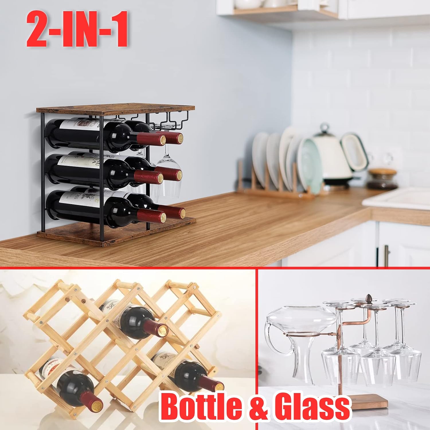 LIANTRAL Wine Racks Countertop, Modern Wine Bottle Holder for Home Kitchen | Hold 6 Bottles and 4 Wine Glasses, Freestanding Wine Rack for Bar, Wine Cellar, Cabinet