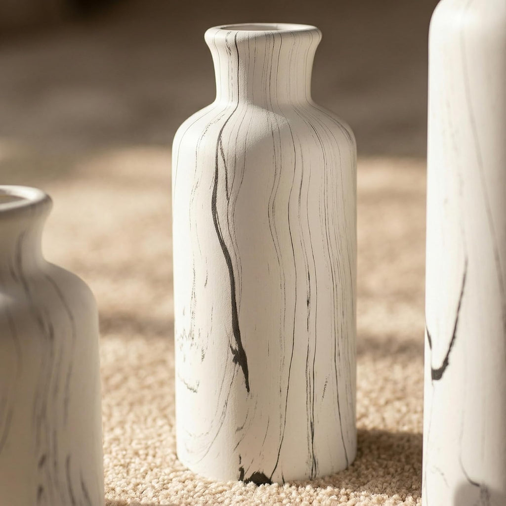 Modern Ceramic Flower Vase Set of 3, Minimalist Vase for Home Decor, Decorative Vase for Table Entryway Mantel Centerpiece Living Room Bathroom Bedroom (White Gray Marble)