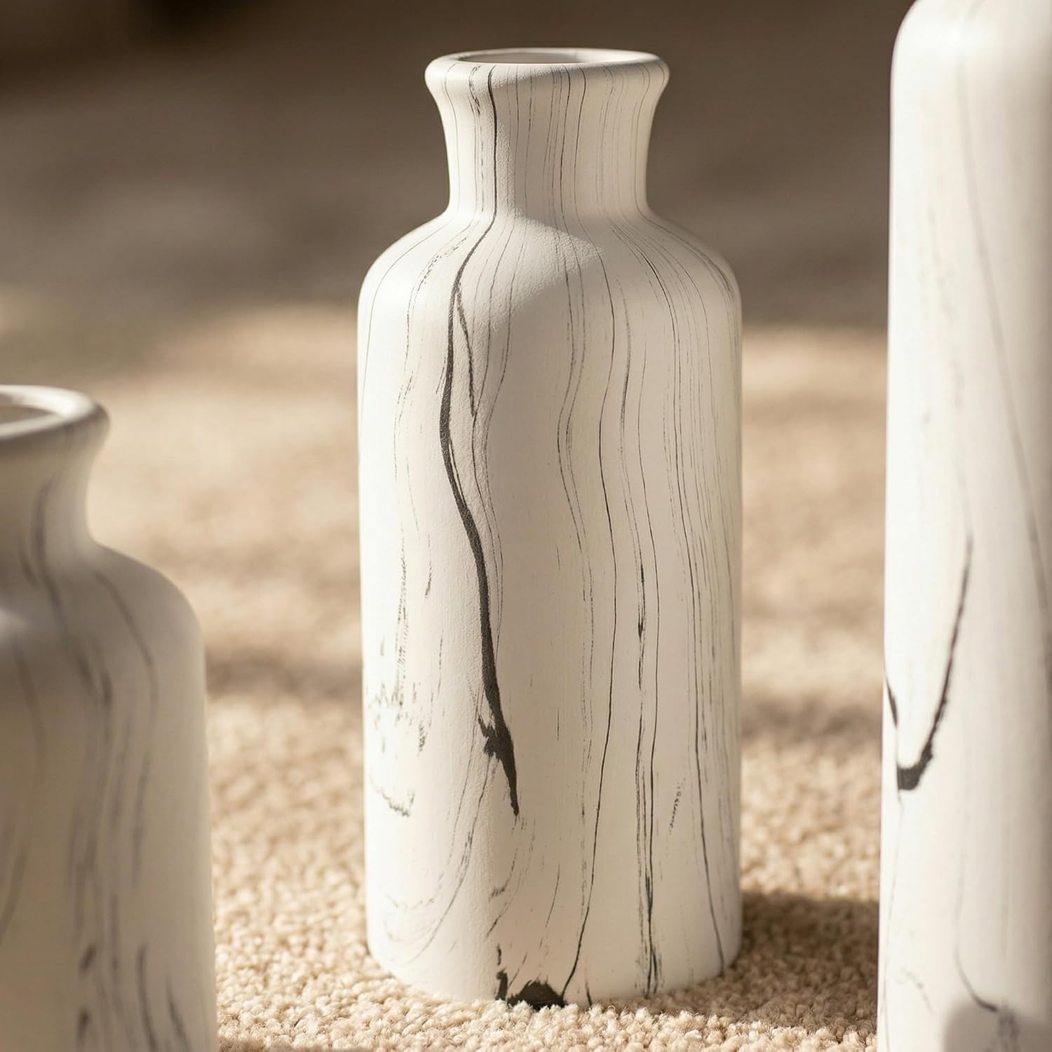 Modern Ceramic Flower Vase Set of 3, Minimalist Vase for Home Decor, Decorative Vase for Table Entryway Mantel Centerpiece Living Room Bathroom Bedroom (White Gray Marble)