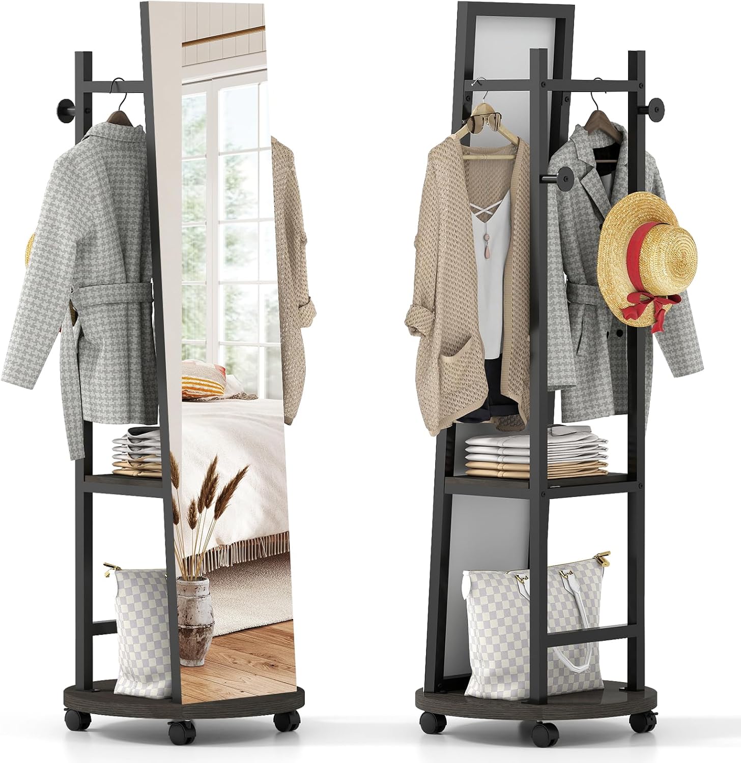 Tangkula Full Length Mirror with Coat Rack, Swivel 55" Standing Floor Mirror on Wheels with Shelves, Hanging Rods & Hooks, Coat Tree with Full Body Mirror for Living Room, Entryway, Bedroom