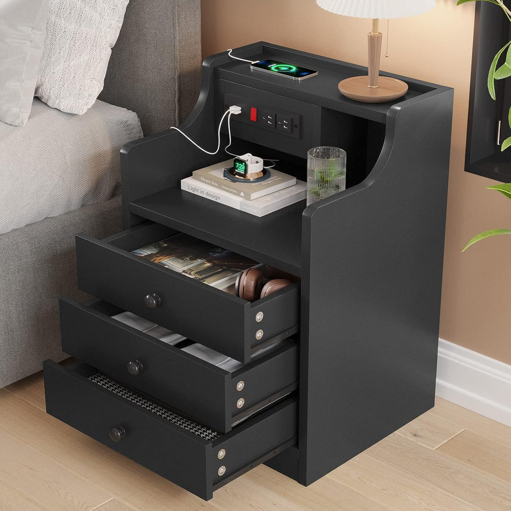 ADORNEVE Black Nightstand with Charging Station & Drawers | Night Stand for Bedroom,End Table with Hutch & 3 Storage Drawers