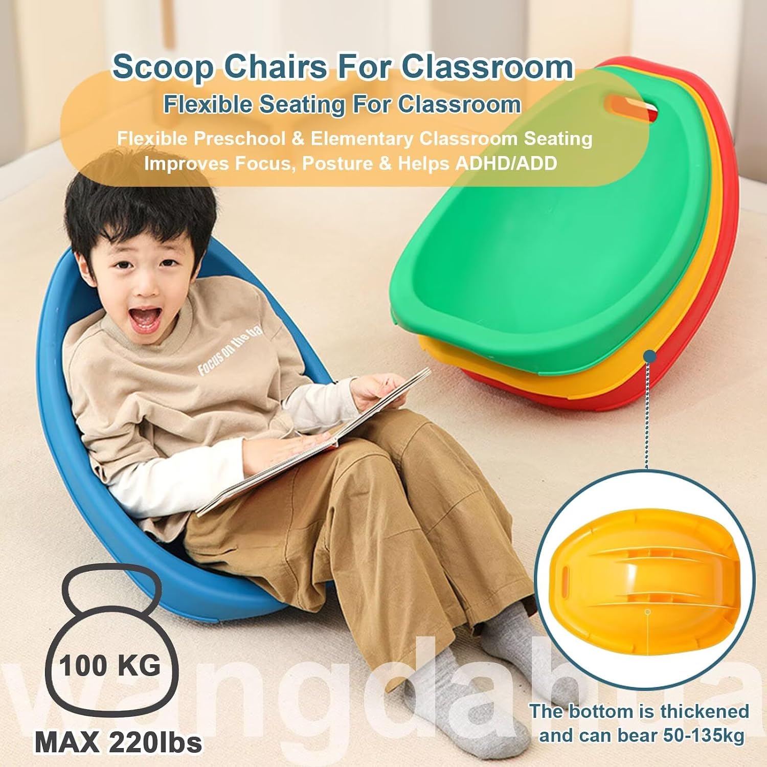 Floor Chair for Kids, 2 Packs Blue Sensory Rocking Chair, Portable Reading Chair with Back Support, Plastic Scoop Chairs for Classroom, Flexible Seating for Classroom, Scoop Rocker Chair for Toddler