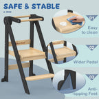 Foldable Toddler Kitchen Stool Helper, Toddler Standing Tower with 3 Adjustable Heights, Collapsible Wooden Step Stool for Kitchen & Bathroom, Montessori Learning Helper Tower for Toddlers Aged 1-6