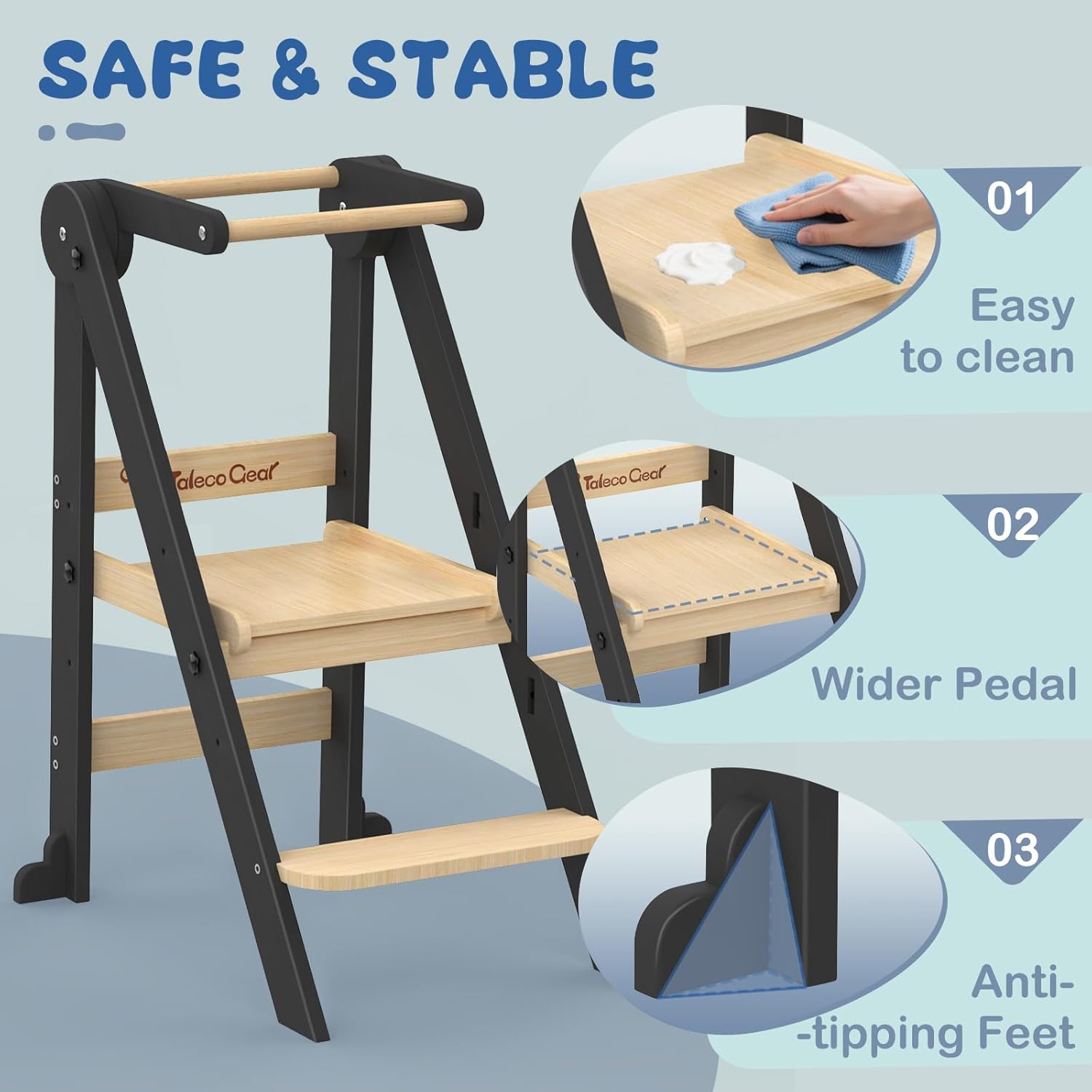 Foldable Toddler Kitchen Stool Helper, Toddler Standing Tower with 3 Adjustable Heights, Collapsible Wooden Step Stool for Kitchen & Bathroom, Montessori Learning Helper Tower for Toddlers Aged 1-6