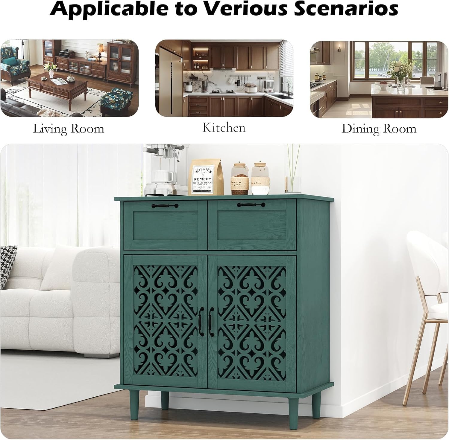Sideboard Buffet Cabinet, American Farmhouse Green 2 Door 2 Drawer Storage Credenza, Hollow Carved, Living Room Entryway Kitchen Dining Room Console Table, Home Furniture Decor