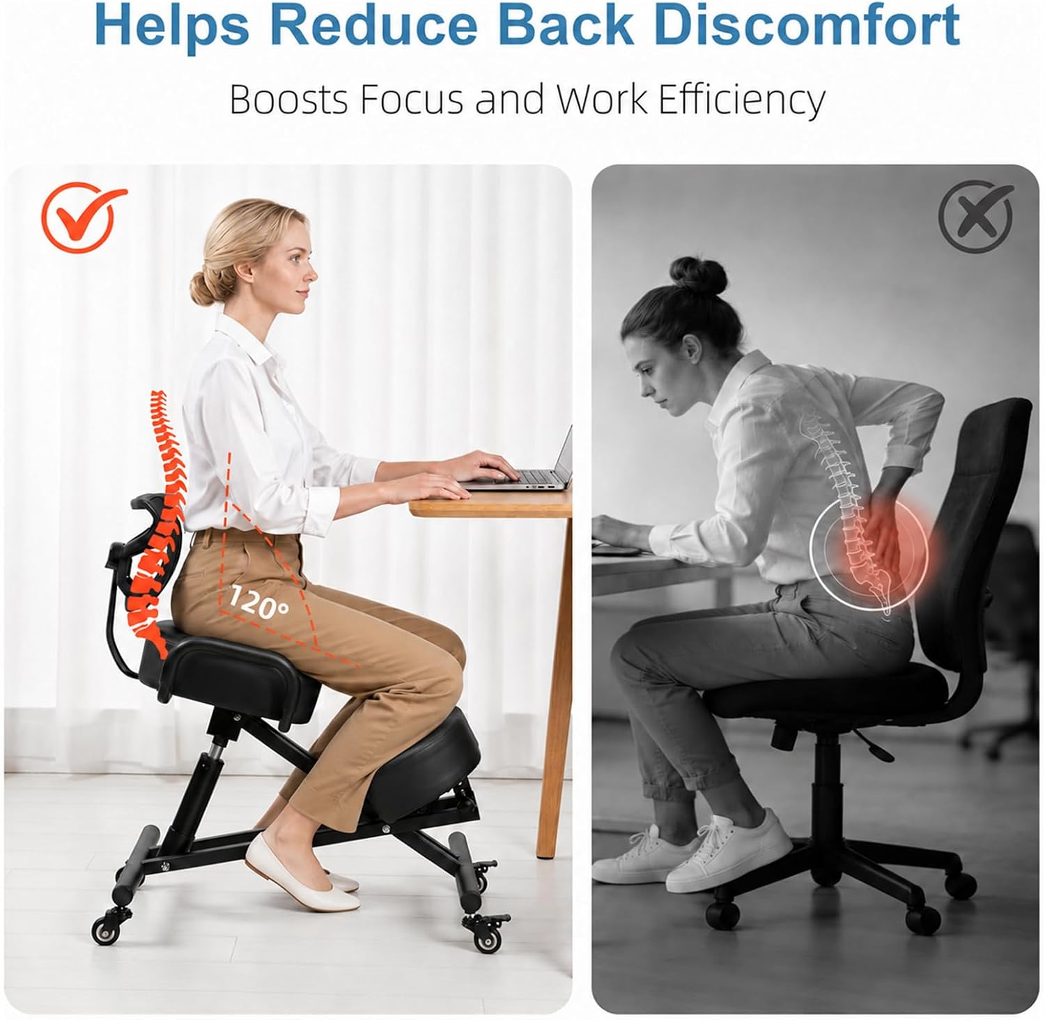 Ergonomic Kneeling Chair with Back Support, Height Adjustable Stool for Home and Office, PU Kneeling Chair for Desk to Relieve Back Discomfort, Thick Moulded Foam Cushions Brake Casters