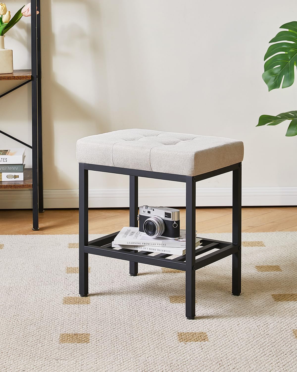 IBUYKE Rectangular Makeup Stool with Adjustable Feet and Storage Space, Footrest Chair, Linen Seat Vanity Stool, Multi-Use as Small Side Table or Ottoman, for Bedroom, Linen WBD017Y
