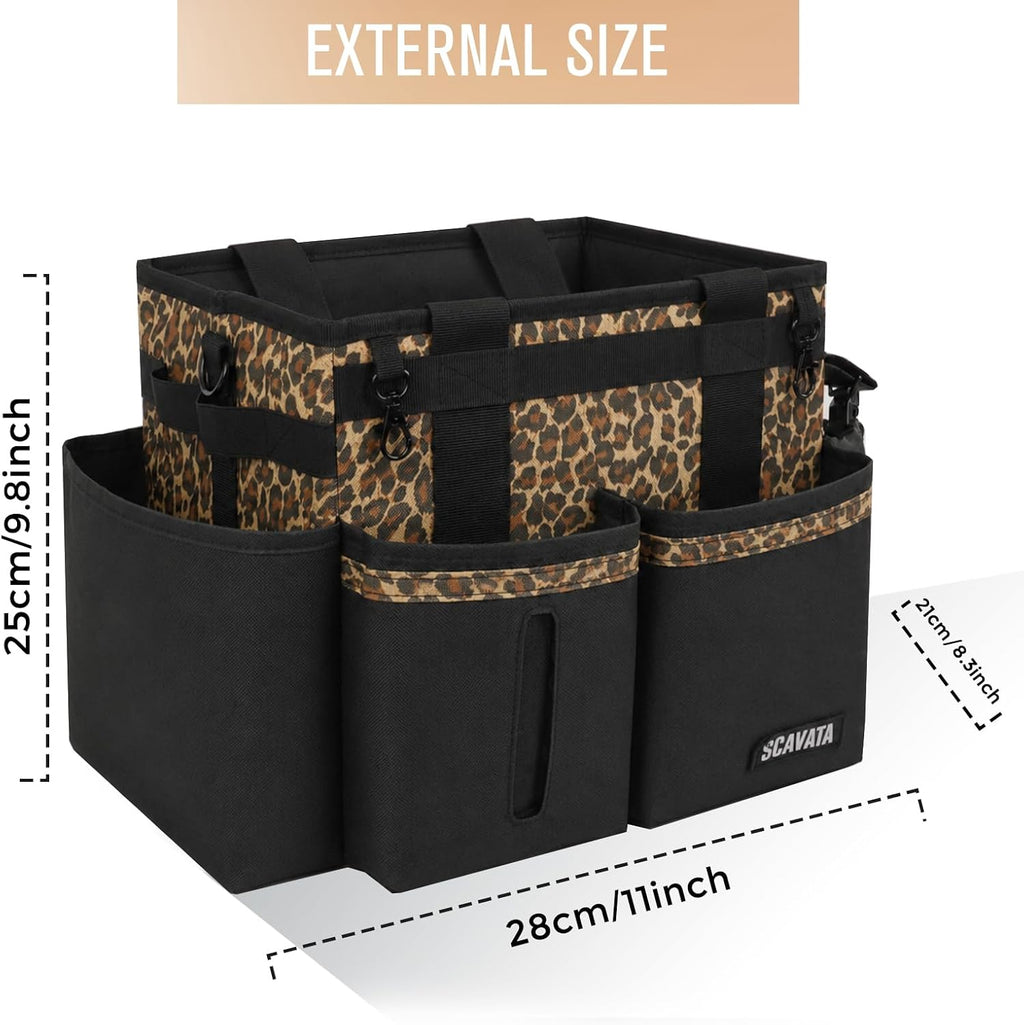 SCAVATA Compact Wearable Cleaning Caddy, Small Cleaning Supplies Organizer with Handle & Shoulder Straps for Housekeepers, under Sink & Car Cleaning Tool Organizers Bag (Leopard)