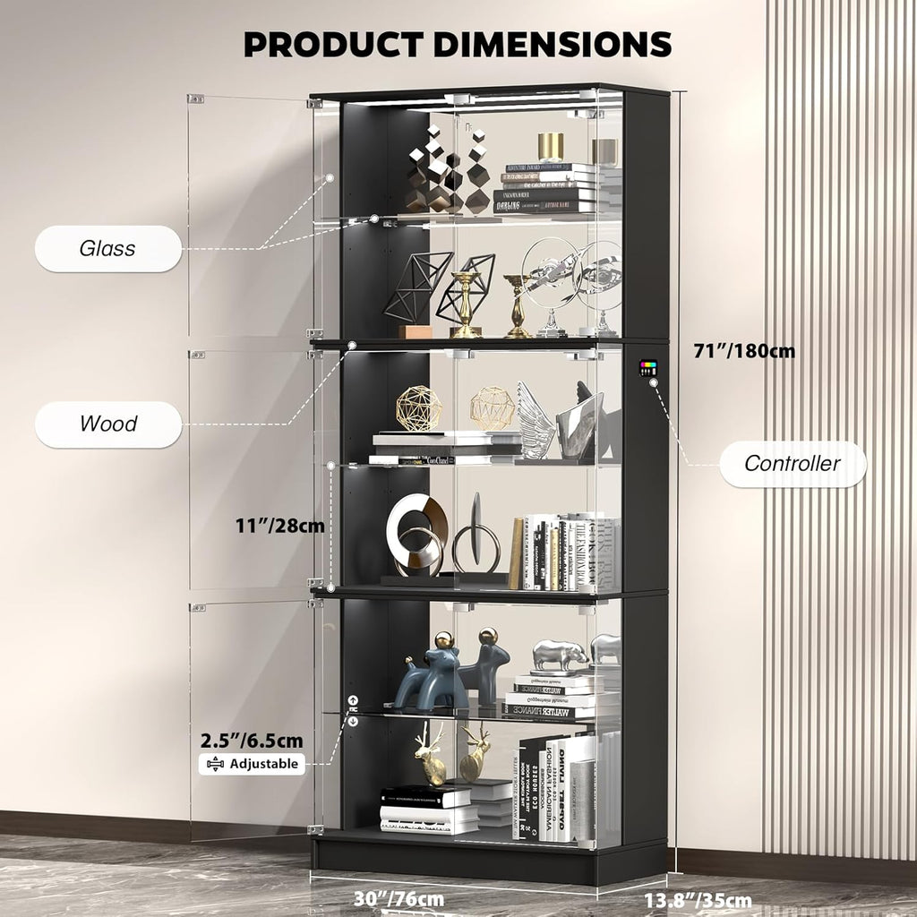 VersionTECH. Display Cabinet with Glass Doors, 6-Tier 71'' Tall Curio Cabinet with RGB Lights for Collectibles, Display Case with Adjustable Glass Shelves, Human Body Sensor, Mirror Backing, Black