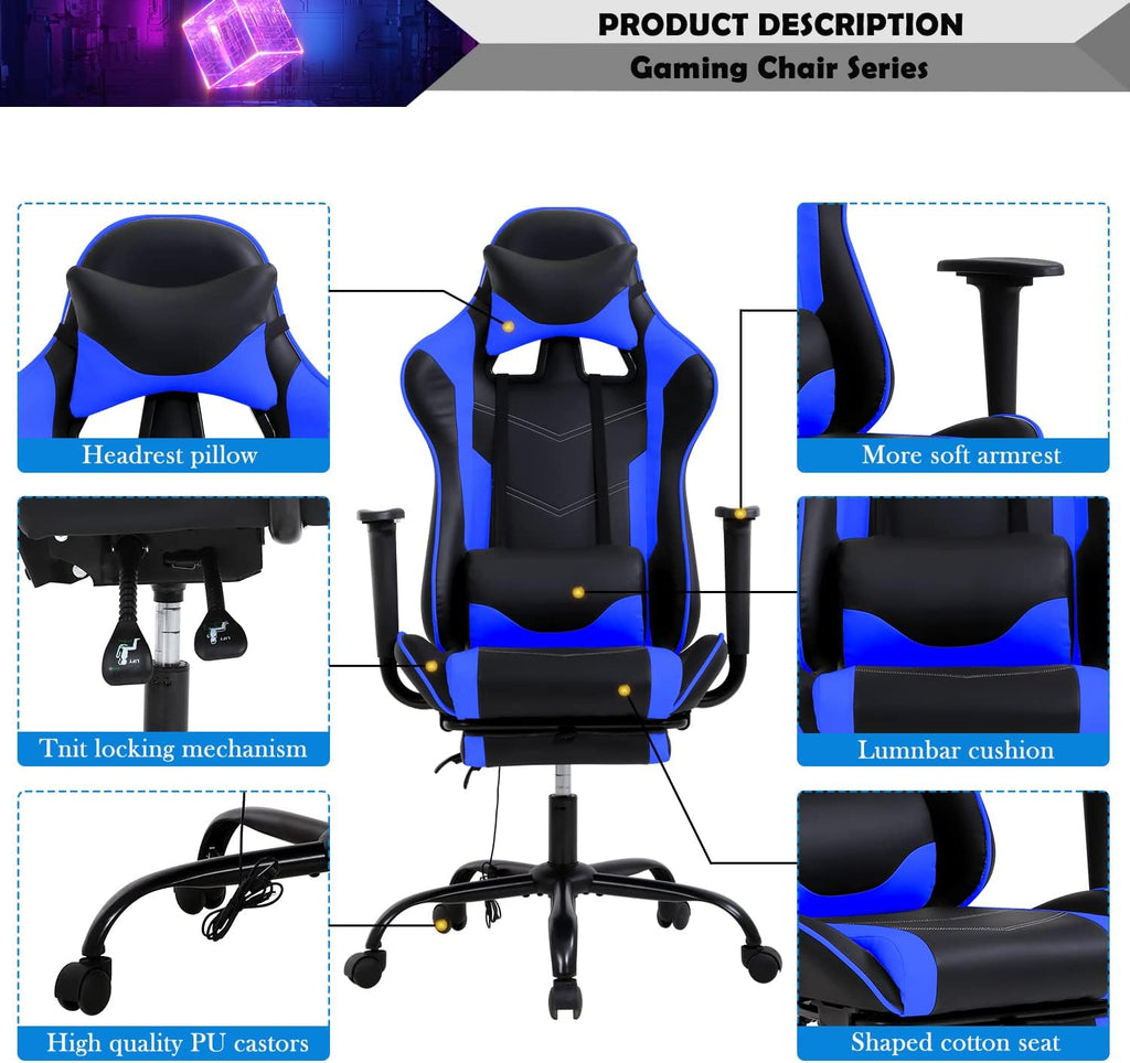 Gaming Chair, Height Adjustable Swivel Rolling Chair with Headrest Footrest and Massage Lumbar Support, PU High Back Ergonomic PC Chair for Office or Gaming, Office Gaming Chair