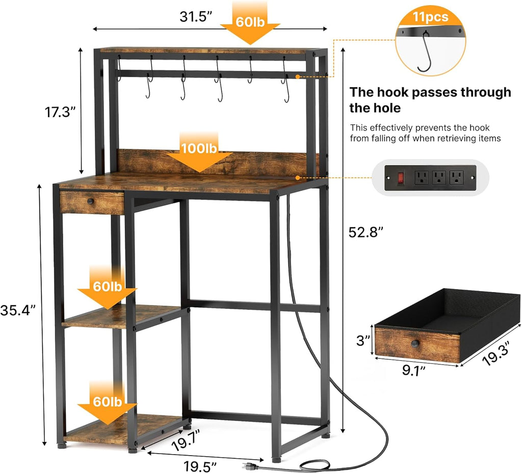 Mini Fridge Stand with Power Outlet & Storage, Rustic Microwave Stand Bakers Rack, Coffee Bar Cabinet for Kitchen, Dorm and Office