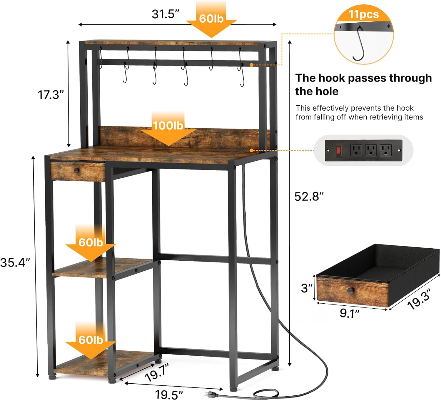 Mini Fridge Stand with Power Outlet & Storage, Rustic Microwave Stand Bakers Rack, Coffee Bar Cabinet for Kitchen, Dorm and Office