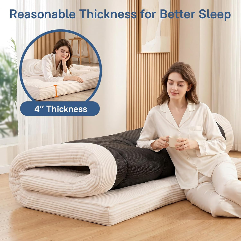 Extra Thick Futon Mattress - Japanese Floor Mattress for Adults, Portable Foldable Sleeping Pad for Guest, Camping, Dorm,Futon Mattress Queen Size with Storage Straps, Beige