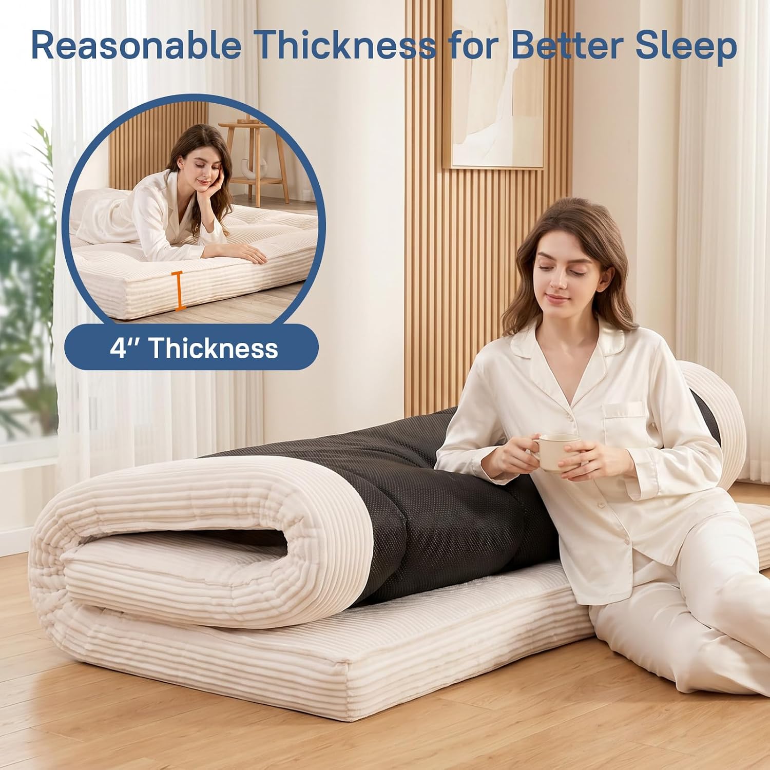 Extra Thick Futon Mattress - Japanese Floor Mattress for Adults, Portable Foldable Sleeping Pad for Guest, Camping, Dorm,Futon Mattress Queen Size with Storage Straps, Beige