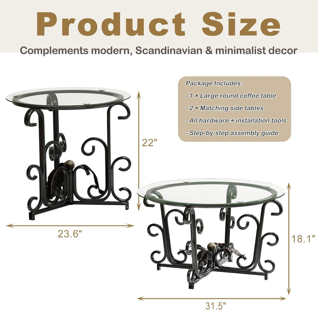 EQEY Glass Coffee Table Set of 3 — 31.5" Round Nesting Coffee Table with 2 End Tables, Tempered Glass Top & Wrought Iron Scroll Frame for Living Room, Apartment, Patio, Sunroom