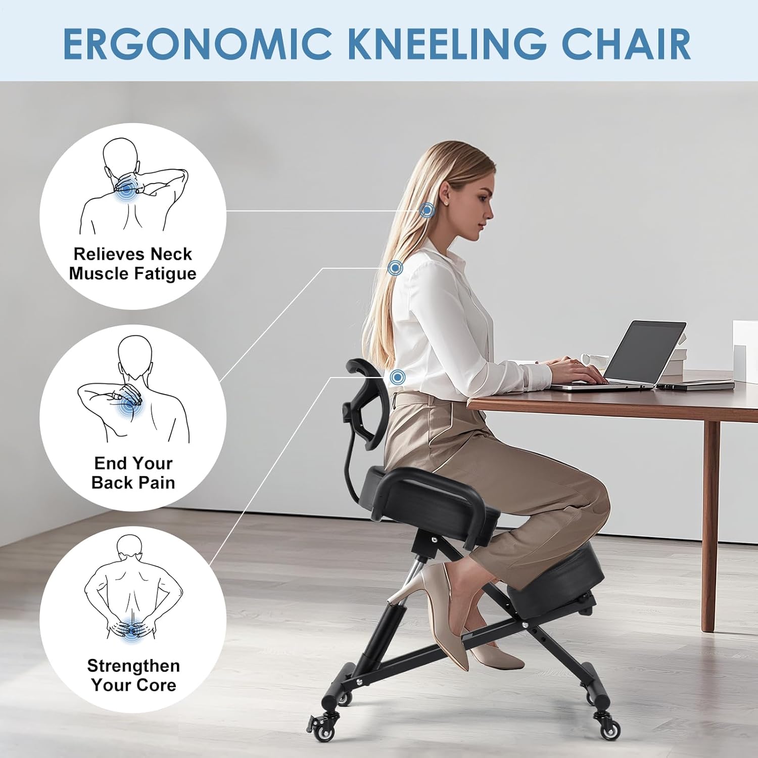 Ergonomic Kneeling Chair with Backrest & Lumbar Support, Adjustable Height Desk Chair with Wheels & Thick Cushion, Ideal for Office & Work from Home, Support Upright Sitting & Relieve Back Pain