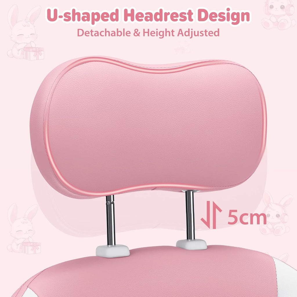 HOFFREE Kids Computer Gaming Chair for Girl with Cute Bunny Massage Lumbar Pillow Kids Pink Desk Office Chair with Adjustable Headrest and Footrest for Teen Girls