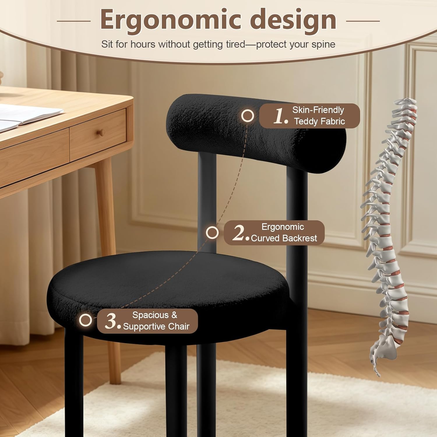 Cute Small Armless Desk Chair, Ergonomic Comfy Vanity Chairs Lumbar Support with Back for Makeup, Teddy Fabric Computer Desk Chair for Home, Bedroom, Vanity, Teens, Adults