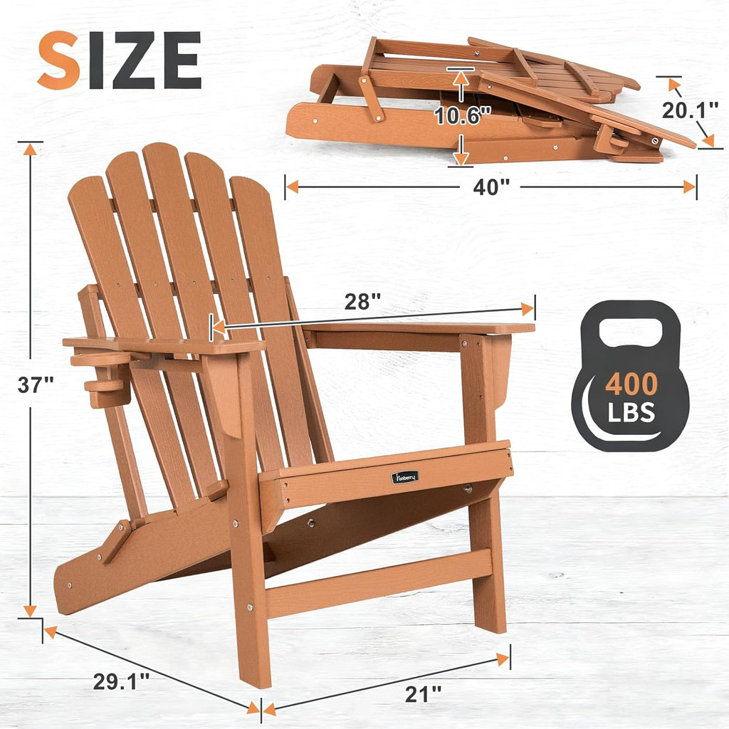 FUNBERRY Folding Adirondack Chair Set of 4, Fire Pit Chairs with Cup Holder | Wood-Grain, HDPE All Weather, Quick-Folding, No Rot, UV Fade Shield, 400LBS Weight Capacity, Easy-Clean for Outside