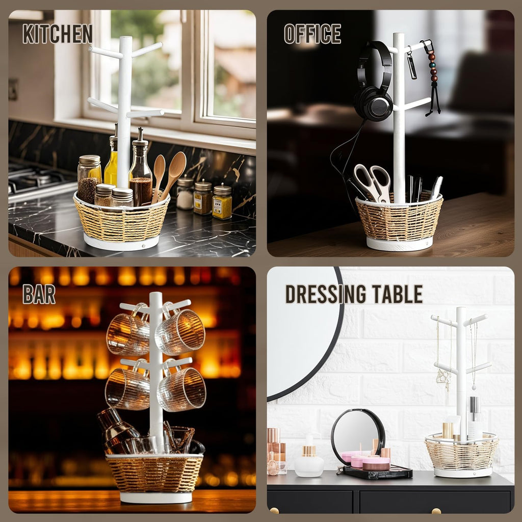Wood Mug Holder Tree with Woven Basket, 4 Hooks Coffee Mug Holder, Countertop Mug Tree for Kitchen Counter Cabinet Coffee Bar Accessories Cup Display Organizer Hanger(White)