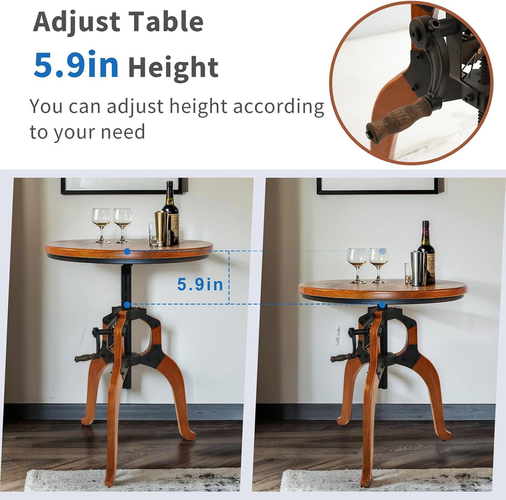 LOKKHAN Industrial Vintage Side Table, 23.62" Solid Wood Round Tabletop, 26-31.9" Height Adjustable with Lift Rocker Mechanism, Sturdy Shaft & Triangular Wood Base, Multi-Functional