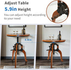LOKKHAN Industrial Vintage Side Table, 23.62" Solid Wood Round Tabletop, 26-31.9" Height Adjustable with Lift Rocker Mechanism, Sturdy Shaft & Triangular Wood Base, Multi-Functional