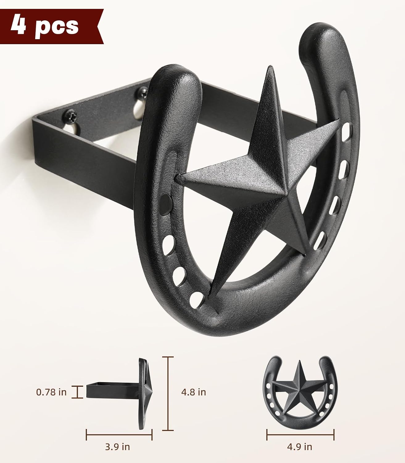 Cowboy Hat Hook for Wall, 4 Pack Cowboy Hat Rack, Metal Horseshoe Hanger, Hat Organizer, Western Hook for Wall, Hat Holder Display for Closet, Horse Supplies, Texas Gifts for Men, Black