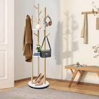 LIWSHWZ Rotary Coat Rack Freestanding,Solid Wood Coat Hanger Stand with 9 hooks & 3 Storage Shelves for Bedroom, Entryway, Livingroom