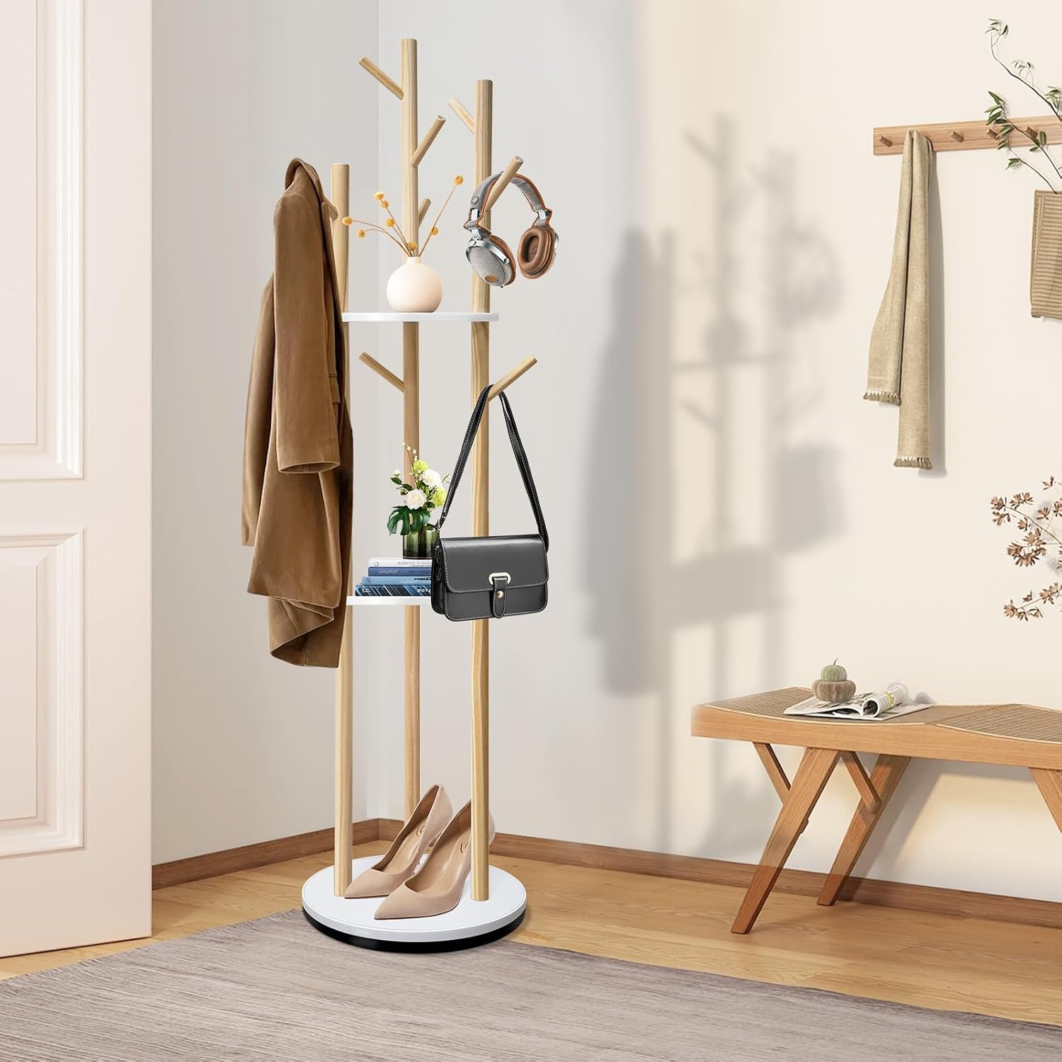 LIWSHWZ Rotary Coat Rack Freestanding,Solid Wood Coat Hanger Stand with 9 hooks & 3 Storage Shelves for Bedroom, Entryway, Livingroom