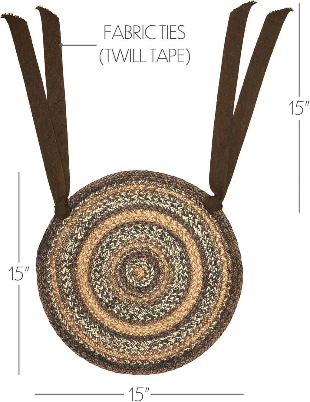VHC Brands Espresso Round Seat Cushion Chair Pad, Brown Black Tan, Jute Blend with Ties, 15x15 Inches, Set of 4