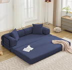 Convertible Folding Sofa Bed, Modular Floor Sofa with Removable Backrest, 3-Seater Fold Out Couch Bed with Pillows, King Size Futon Lazy Couch Corduroy Sleeper for Living Room, Dorm, Dark Blue