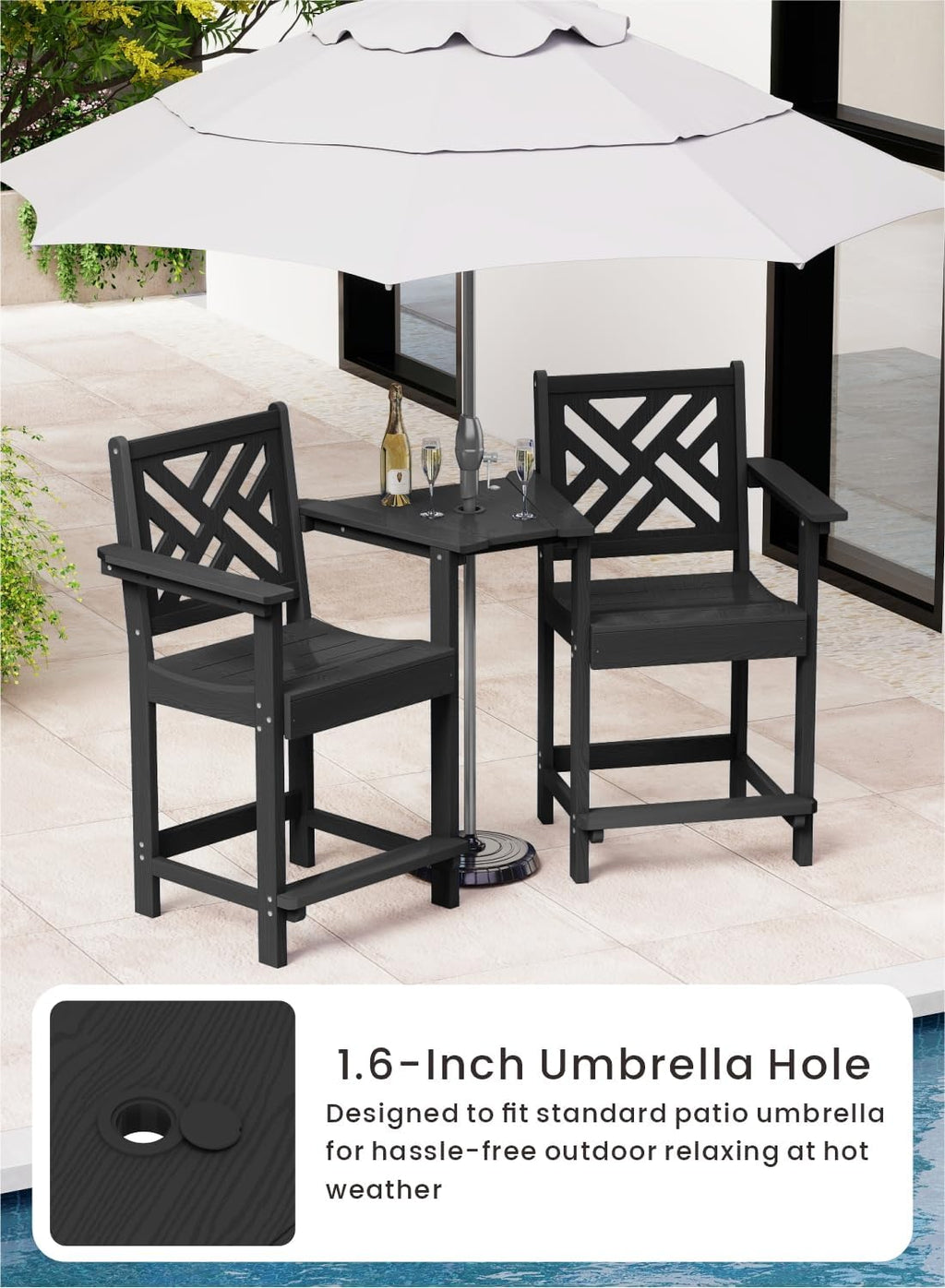 Tall Adirondack Chairs Set of 2, Outdoor 24'' Counter Height Bar Stools with Back and Arms, All-Weather HDPE Patio Tall Chairs for Balcony, Backyard, Garden, Deck (Black)