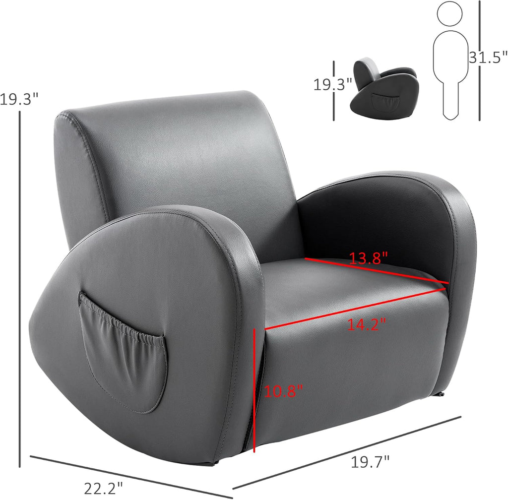 Qaba Kids Sofa Rocking Chair with Side Pocket, PU Leather Toddler Armchair for Children Grey