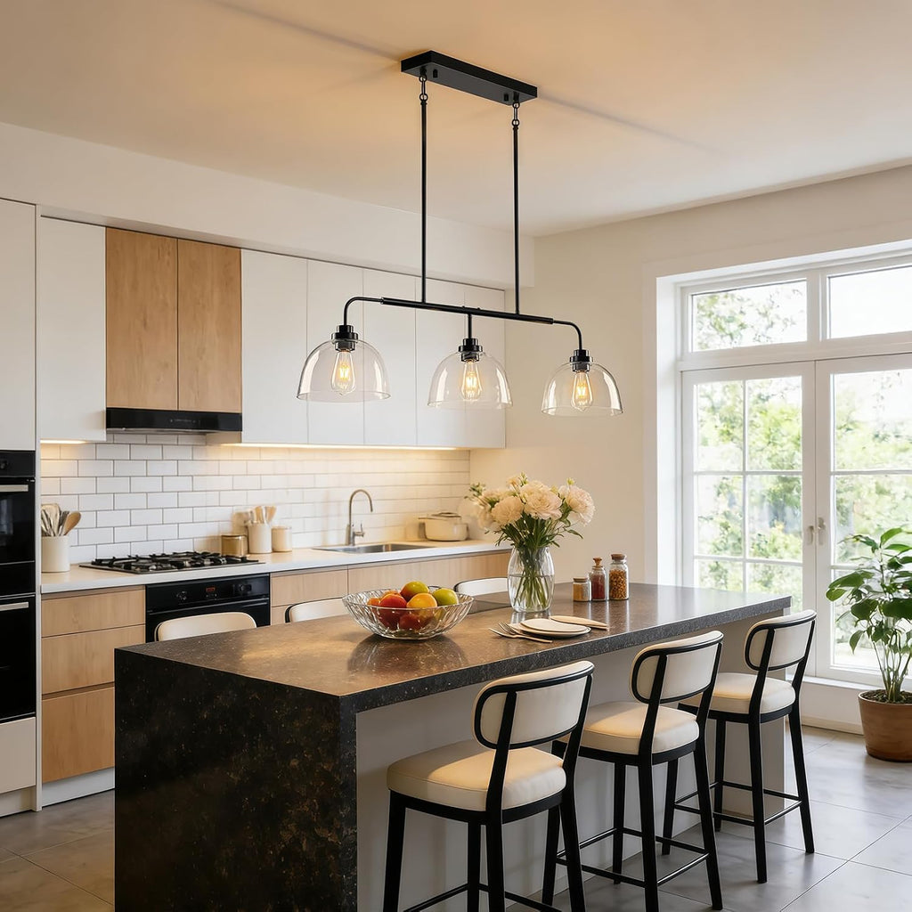 GoYeel 39.37" Kitchen Island Lighting, Large Dining Room Chandelier Over Table Black Pendant Lights Kitchen Island with 3 Big Clear Glass Dome,Height Adjustable,E26 Base