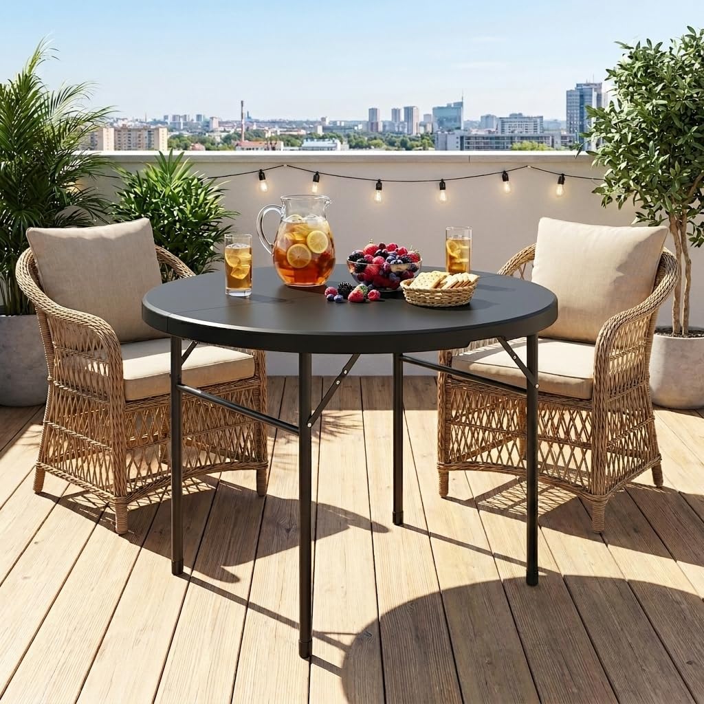 DWVO Heavy Duty 48 Inch Round Folding Table Black Plastic Outdoor Indoor Portable Banquet Setup Ideal for Parties Camping BBQ Events Garden Gatherings with Sturdy Metal Frame and Easy Storage Design