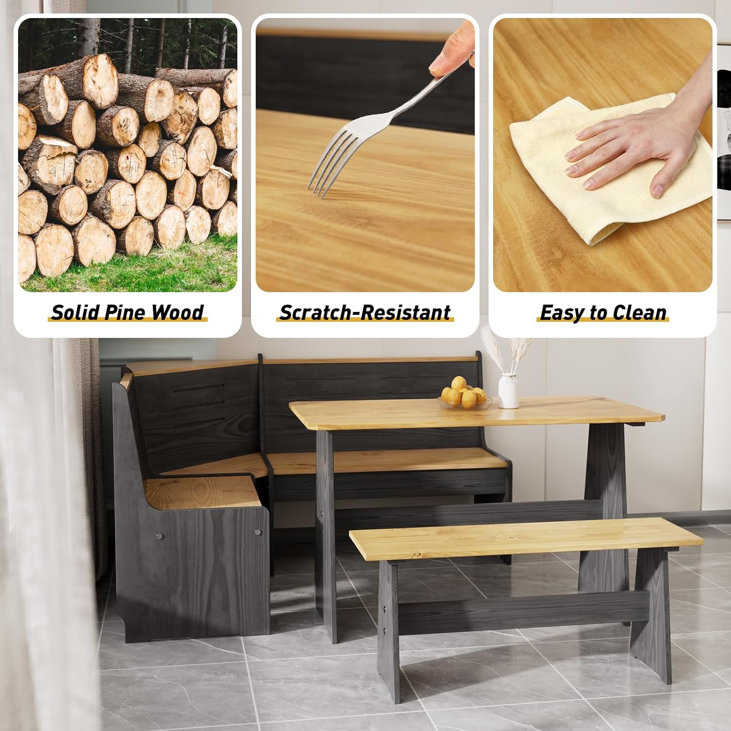 Kitchen Breakfast Nook Table Set - Solid Wood Corner Bench Dining Set for 4-6 People, L Shaped Bench for Dinner Room, Space Saving Kitchen Booth Seating with Table for Small Space, Ink Black