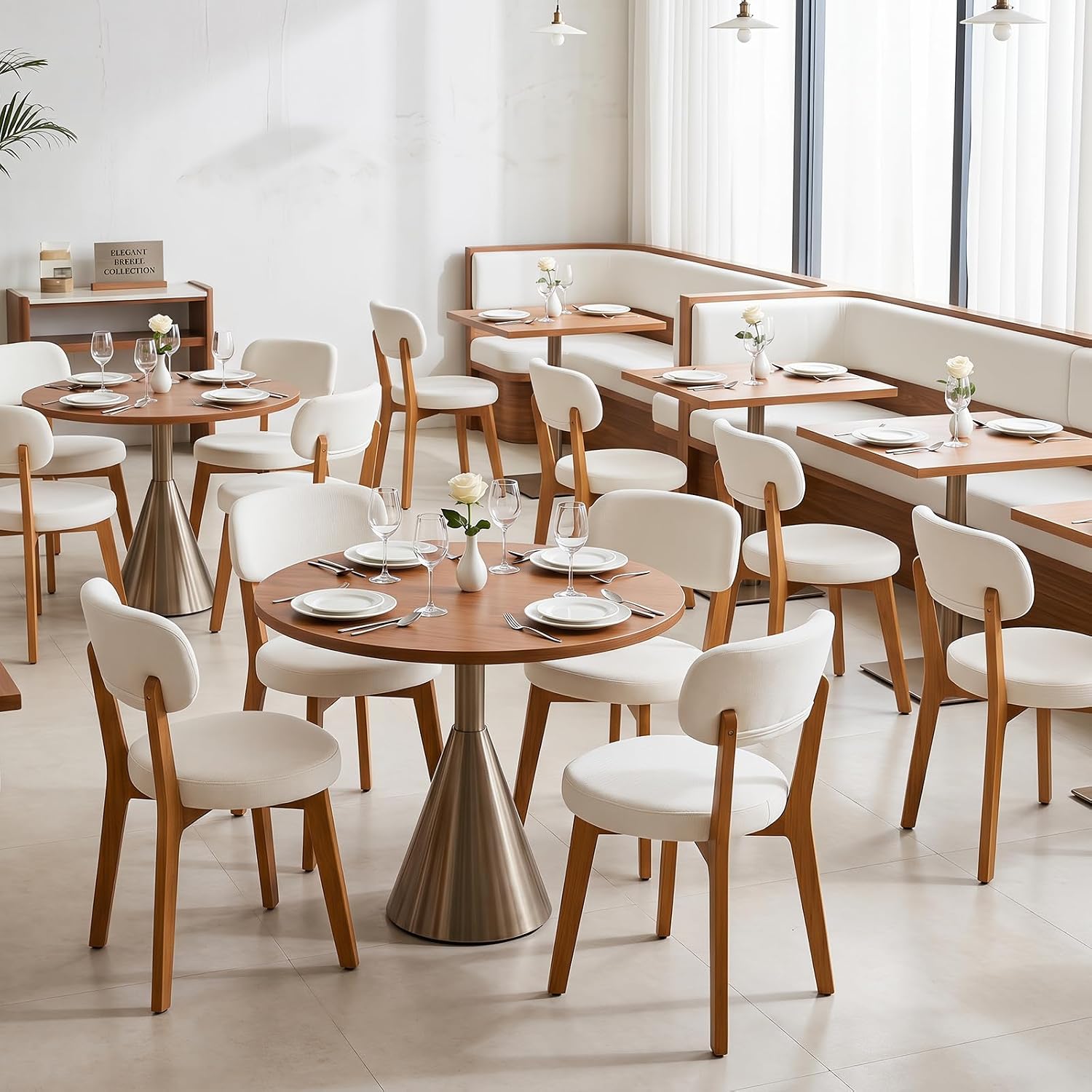 Furniliving Mid Century Modern Dining Chairs Set of 6, 300 lbs Capacity Upholstered Linen Kitchen Chairs with Solid Natural Wood Frame and Ergonomic Curved Back, Beige