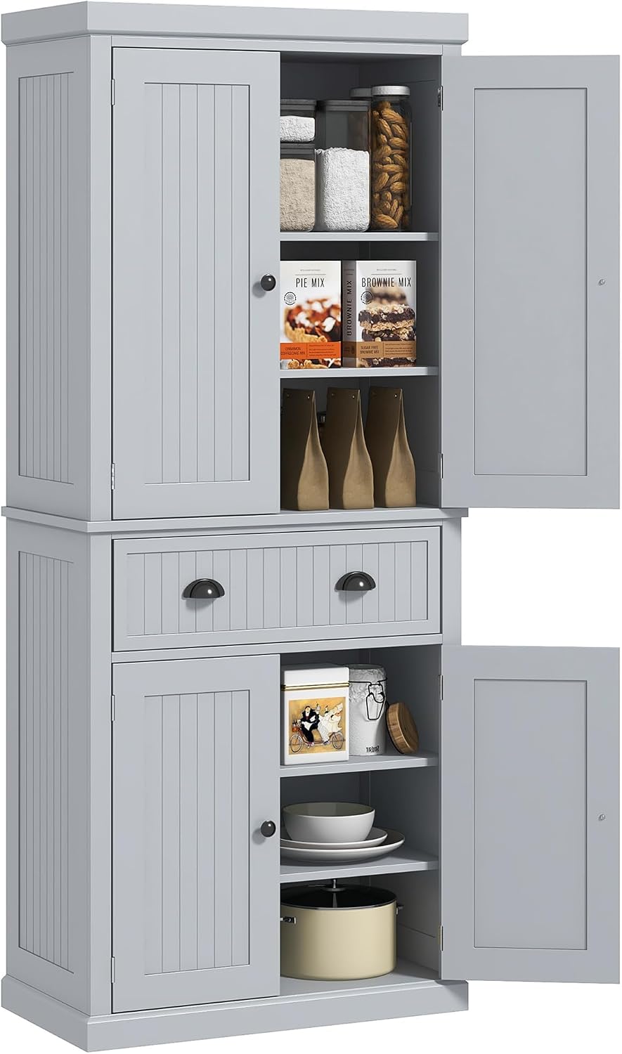 HOMCOM 72" Traditional Kitchen Pantry Cabinet, Freestanding Tall Storage Cabinet with 4 Doors, Drawer and 3 Adjustable Shelves for Dining Room, Gray