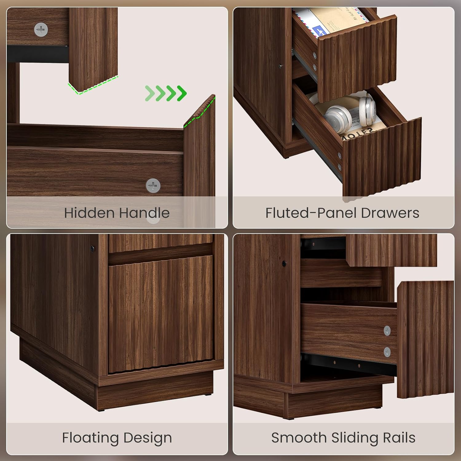 CHOEZON 8.7" Narrow Fluted Nightstand and Narrow Side Table Bundle, Small Bedside Table, Skinny Side Table, Modern Nightstand with Storage, for Living Room, Bedroom, Walnut and Black MBZ12HT-MBZ10BB