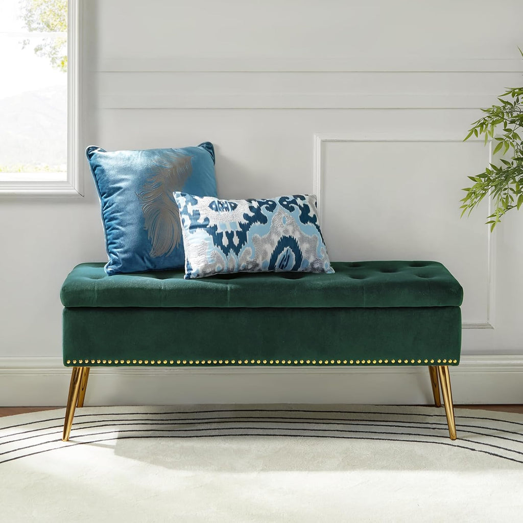 45.5" Luxury Velvet Storage Ottoman Bench with Button Tufted & Nailhead Trim, Upholstered Entryway Benches with Gold Legs, Multi-Functional Footstool for Bedroom End of Bed, Green
