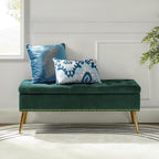 45.5" Luxury Velvet Storage Ottoman Bench with Button Tufted & Nailhead Trim, Upholstered Entryway Benches with Gold Legs, Multi-Functional Footstool for Bedroom End of Bed, Green