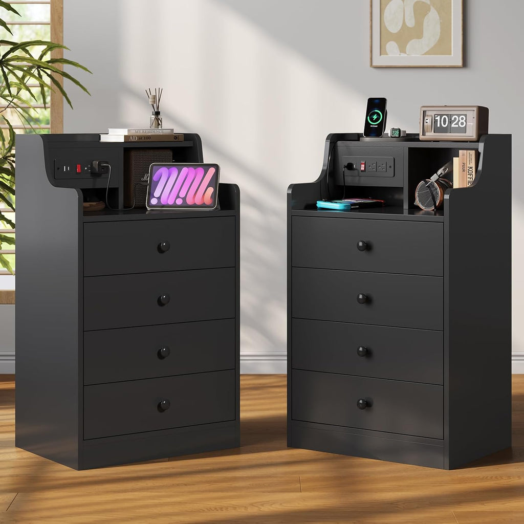 ADORNEVE Nightstand with Charging Station & Hutch,Black | Tall Bedside Table with 4 Drawers,Charging Night Table,Night Stand for Bedroom,Bed Side Tables