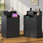 ADORNEVE Nightstand with Charging Station & Hutch,Black | Tall Bedside Table with 4 Drawers,Charging Night Table,Night Stand for Bedroom,Bed Side Tables