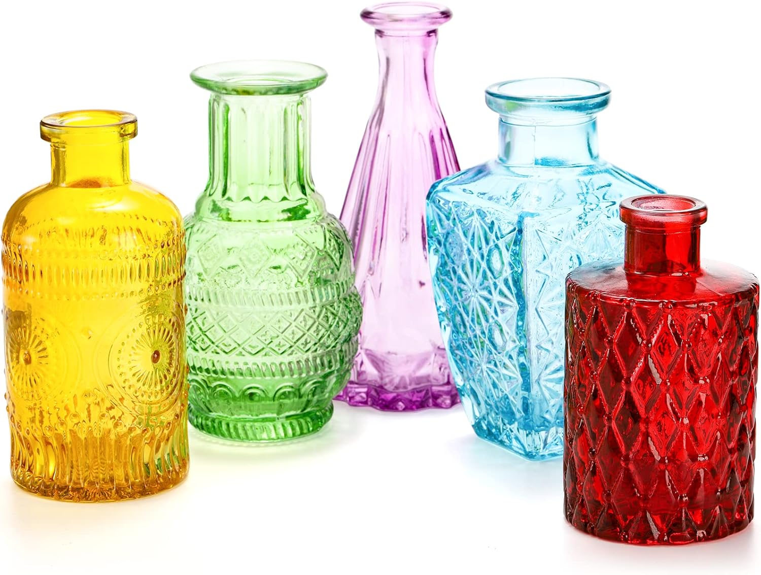 Coloch Set of 10 Colored Bud Vases, Assorted Small Glass Flower Vases Vintage Carved Floral Vase Single Bud Vase in Bulk for Centerpieces, Parties, Wedding Decoration, Office, Home